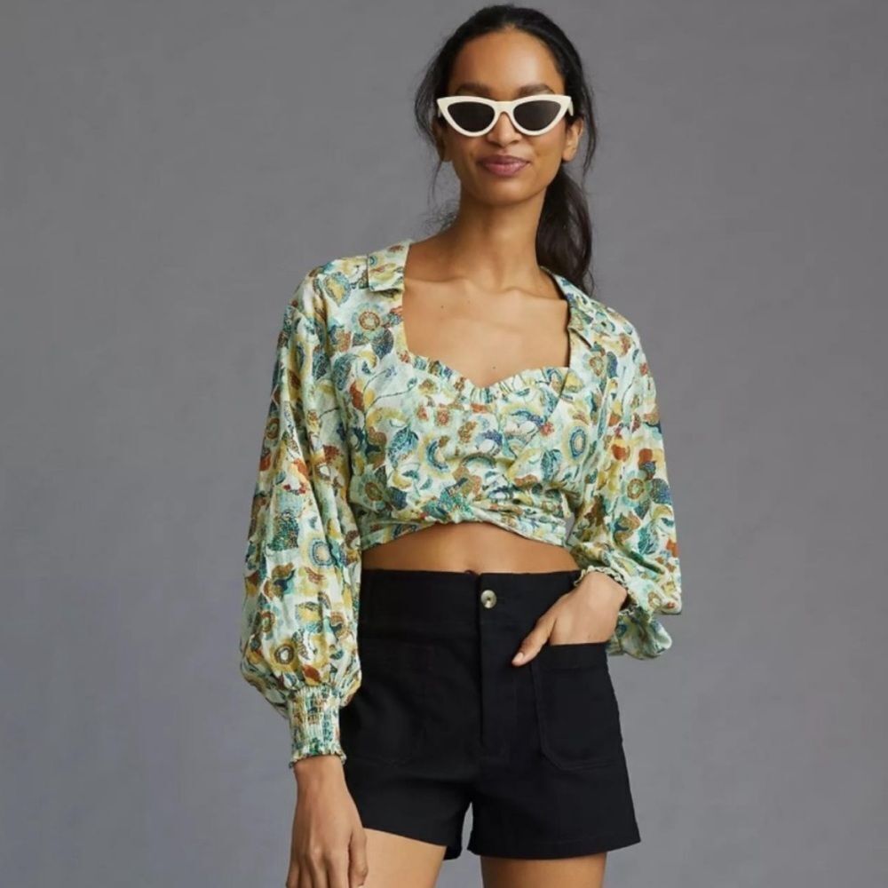 Anthropologie twist front boho floral printed balloon sleeve blouse